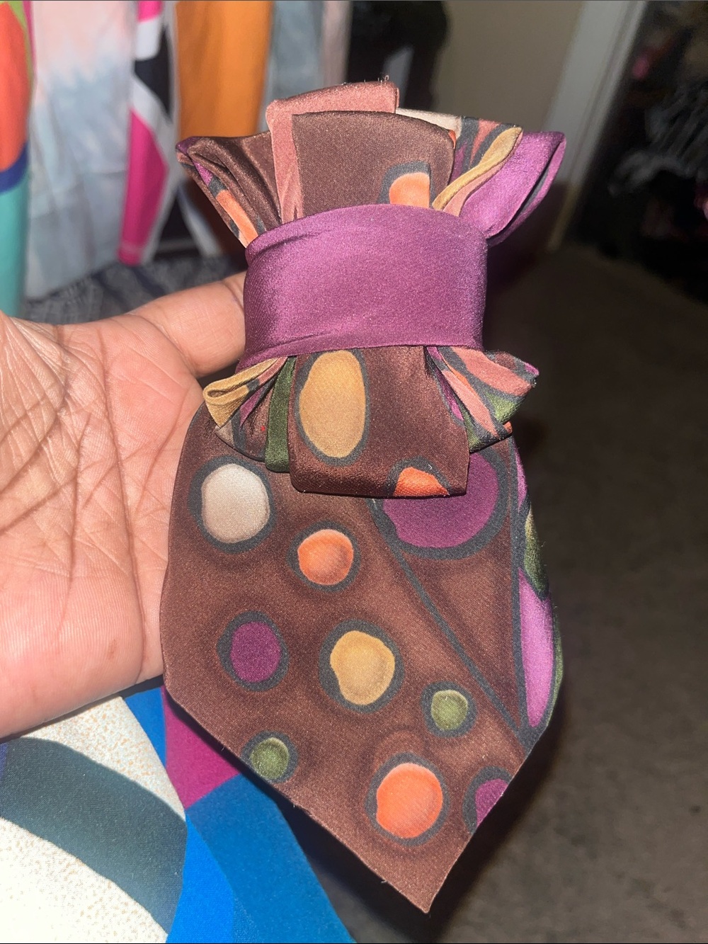 Silk Brown Scarf with Colorful Polka Dot Print